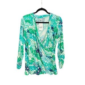 NWT CAbi Green Patterned Faux Wrap Top Women Size XL Style #966
